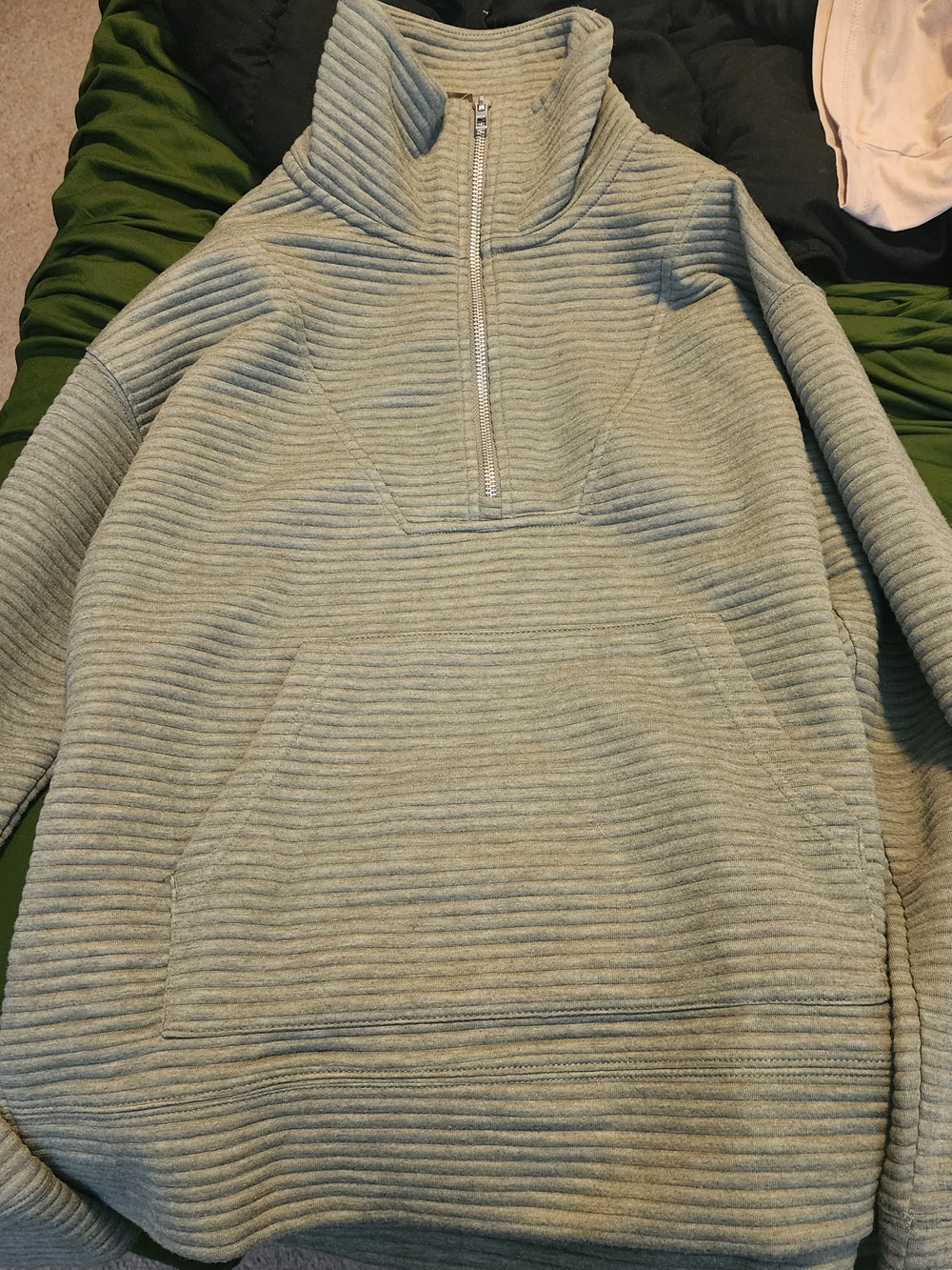 Kirkland Signature Women's Small Ribbed Quarter Zip Pullover Sage Green Funnel